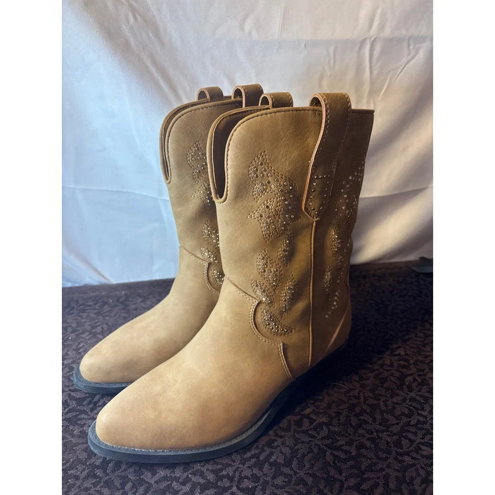 Call It Spring Tan Rhinestone Embellished Western Cowboy Boots Womens - Picture 2 of 12